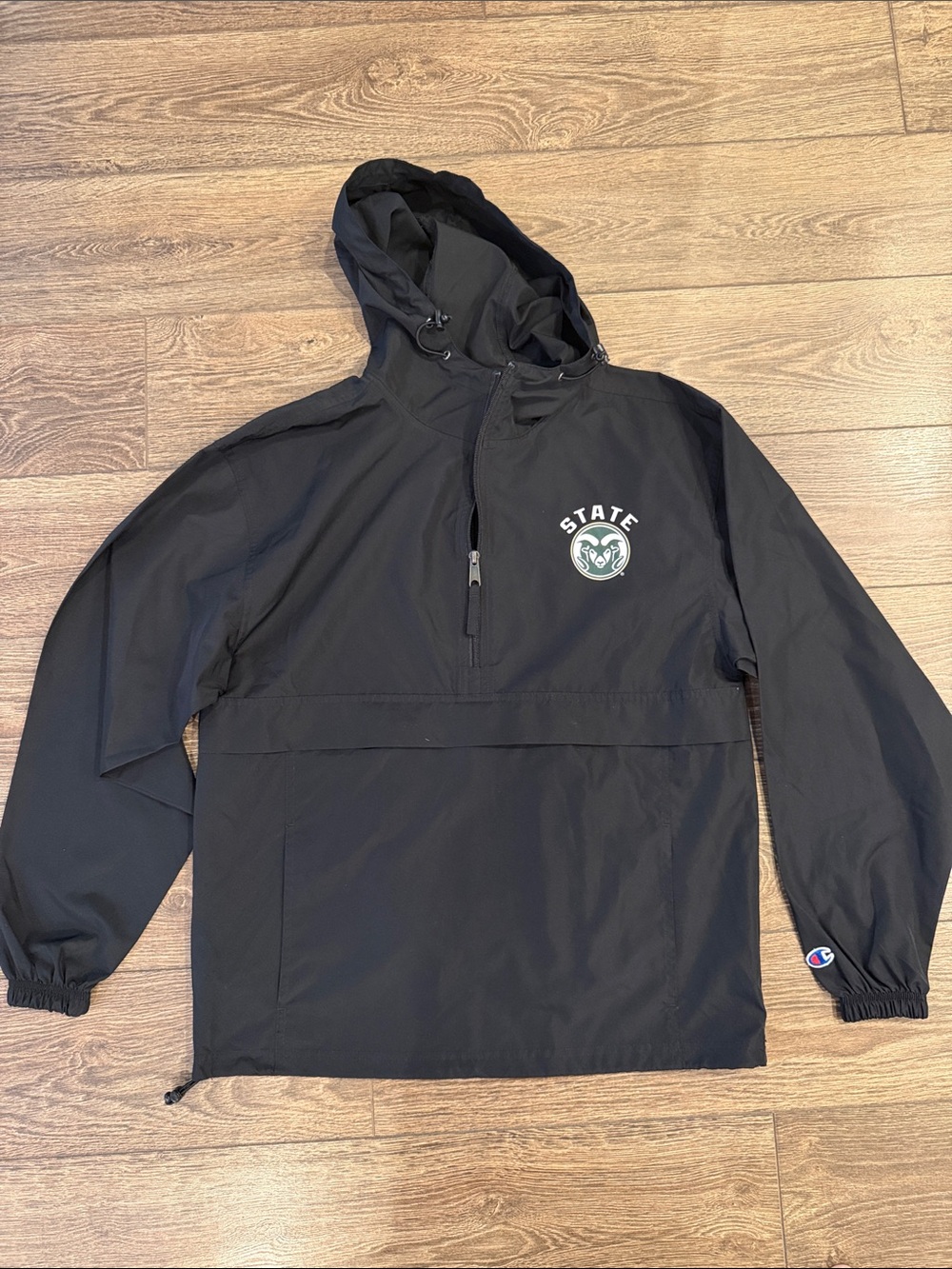 Champion Black Hooded Pullover Jacket with Green & White Logo
